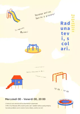 Pubblicità per il simpatico evento giallo e rosso per bambini.