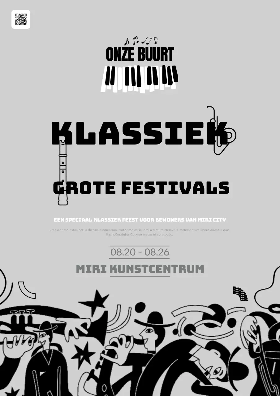 Promoot een lokaal klassiek festival in grijs en zwart