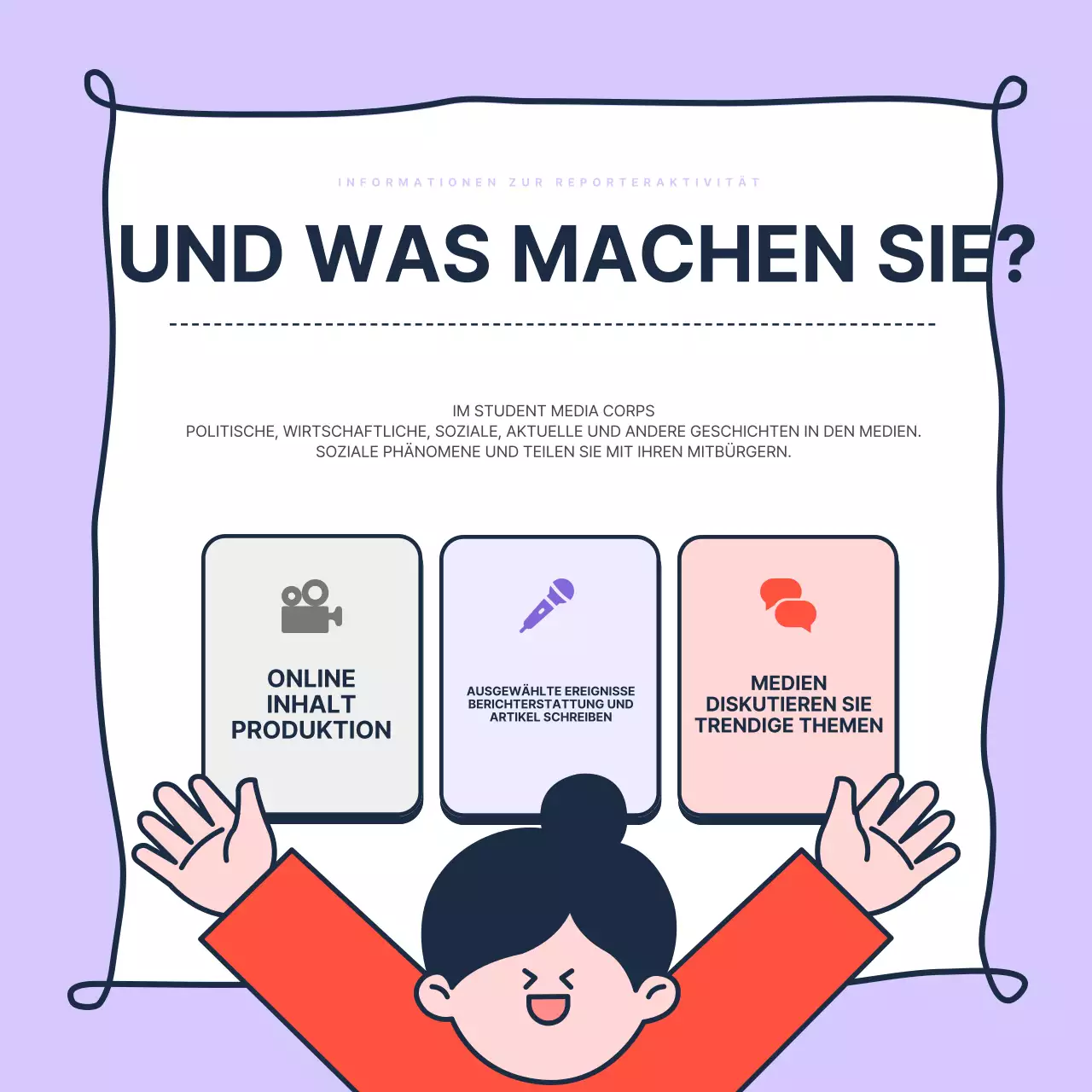 Förderung der Einstellung von trendigen studentischen Medienjournalisten in lila und rot