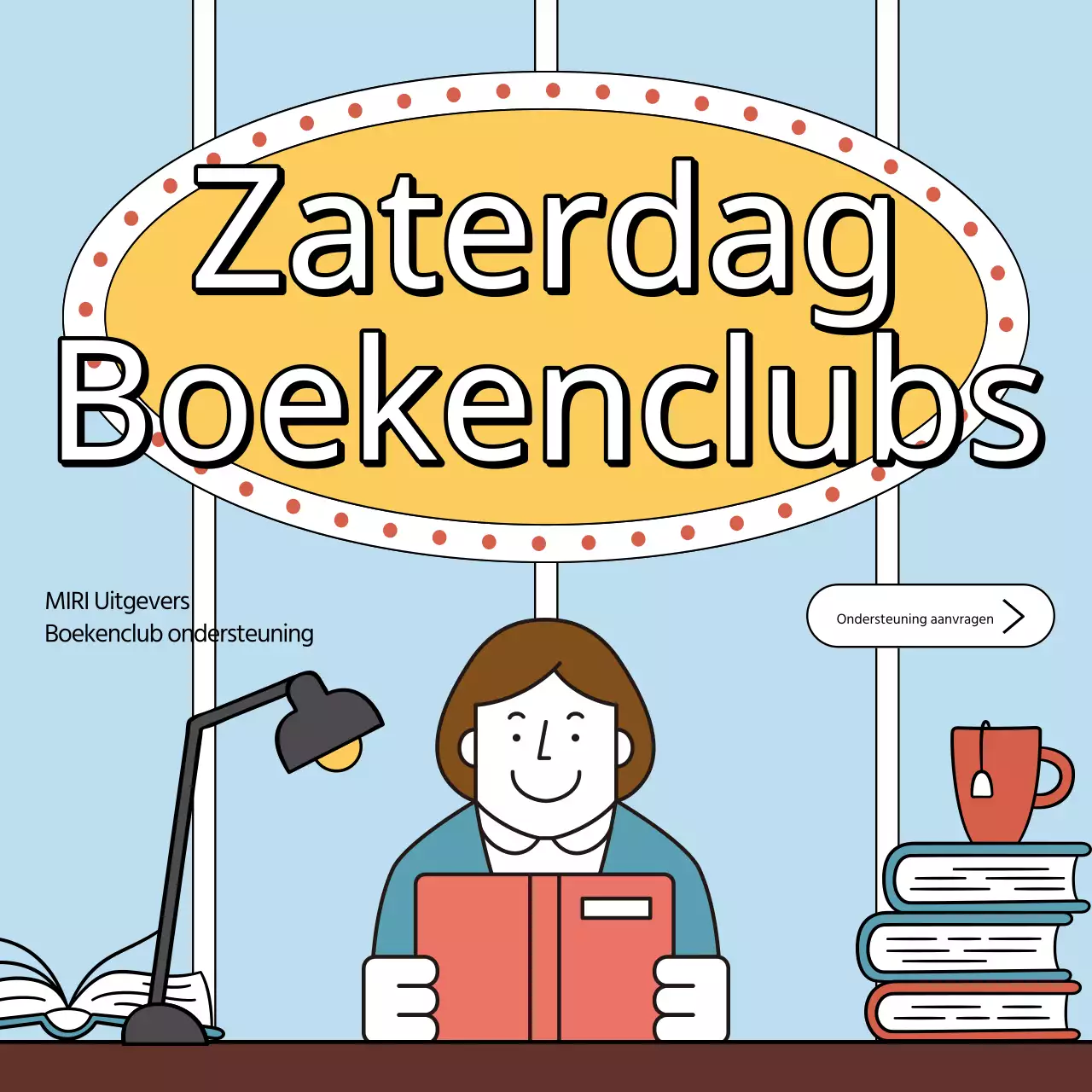 Retro boekenclub aankondiging in lichtblauw en geel