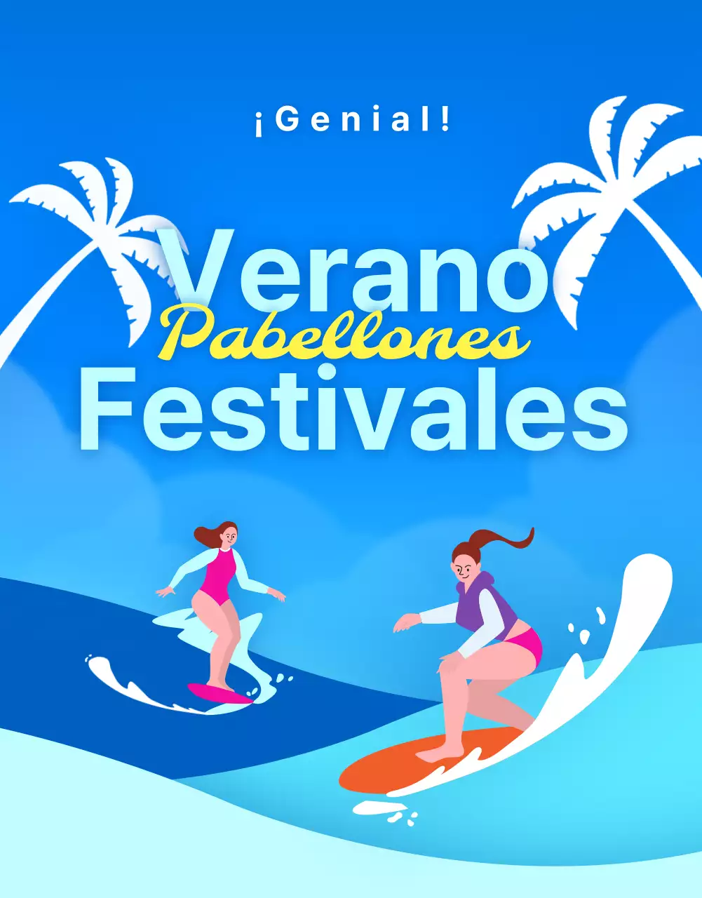 Anuncio de rebajas de verano en un centro comercial de estilo tropical en azul y amarillo