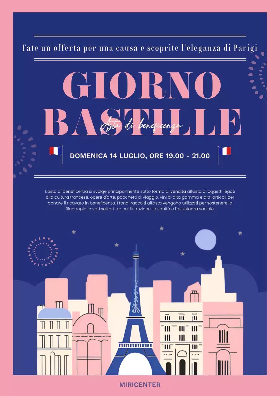 Promuovete un'asta di beneficenza moderna per la Giornata della Rivoluzione Francese, in blu navy e rosa.