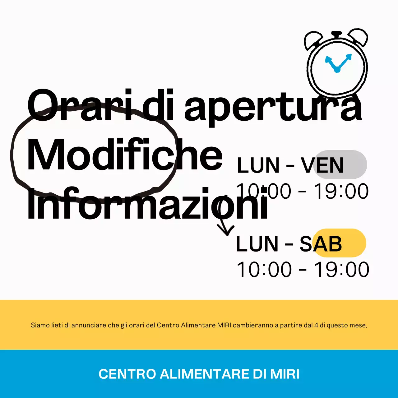 Un semplice avviso di orario di apertura bianco e blu