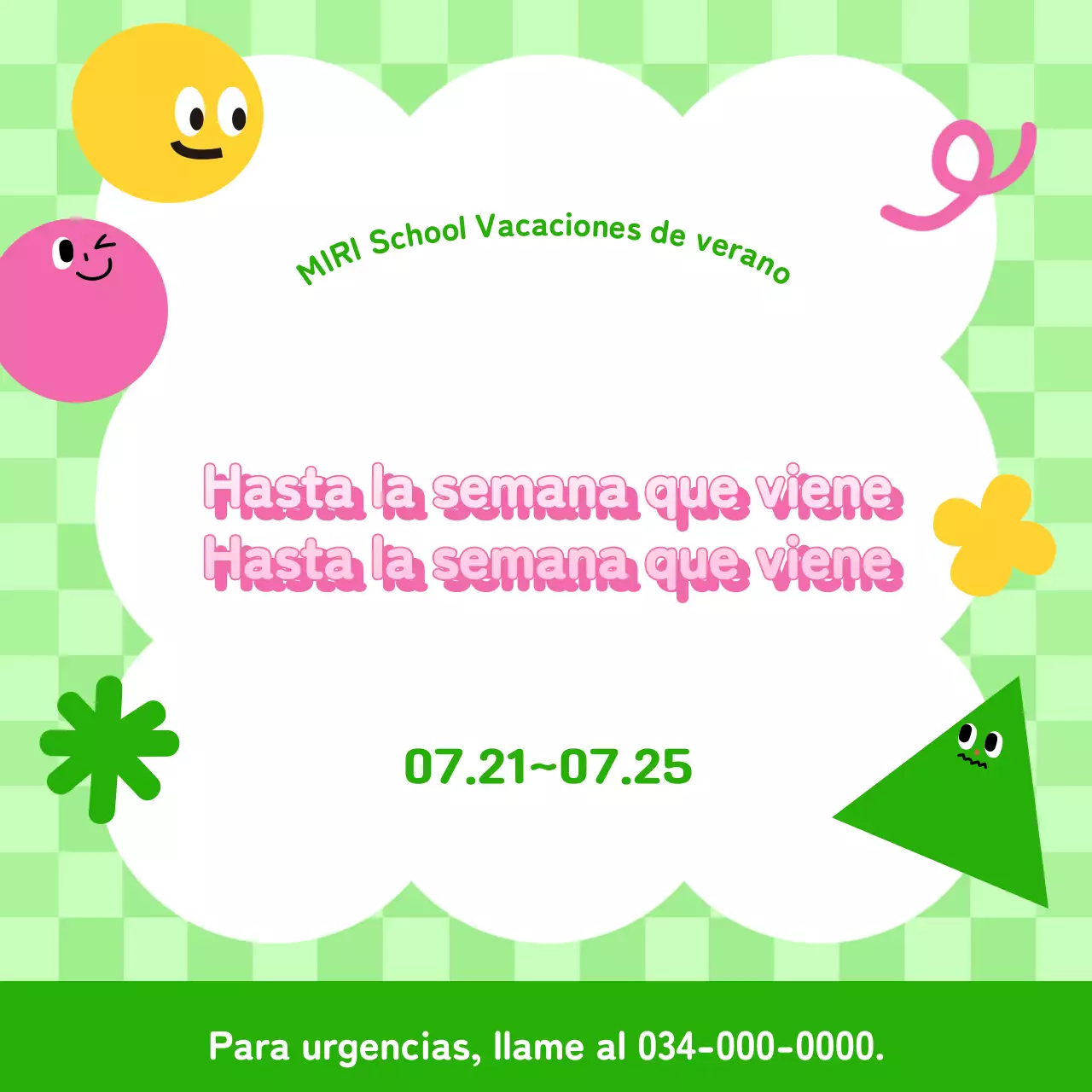 Anuncio de vacaciones de verano de un precioso colegio verde y rosa