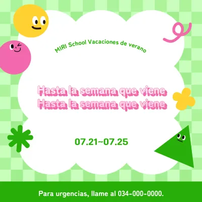 Anuncio de vacaciones de verano de un precioso colegio verde y rosa