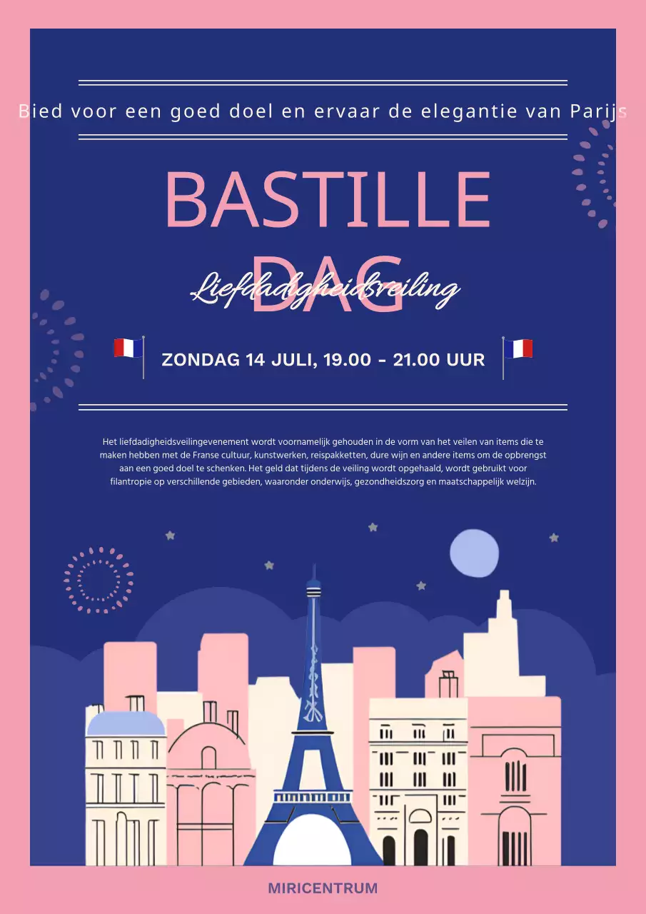 Promoot een moderne liefdadigheidsveiling op Franse Revolutionaire Dag in marineblauw en roze