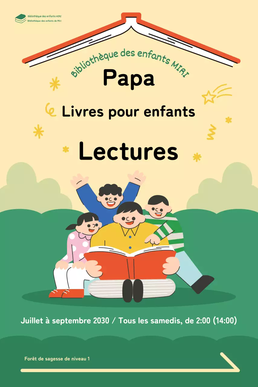 Bannière avec une illustration joyeuse d'un père lisant un livre à un enfant