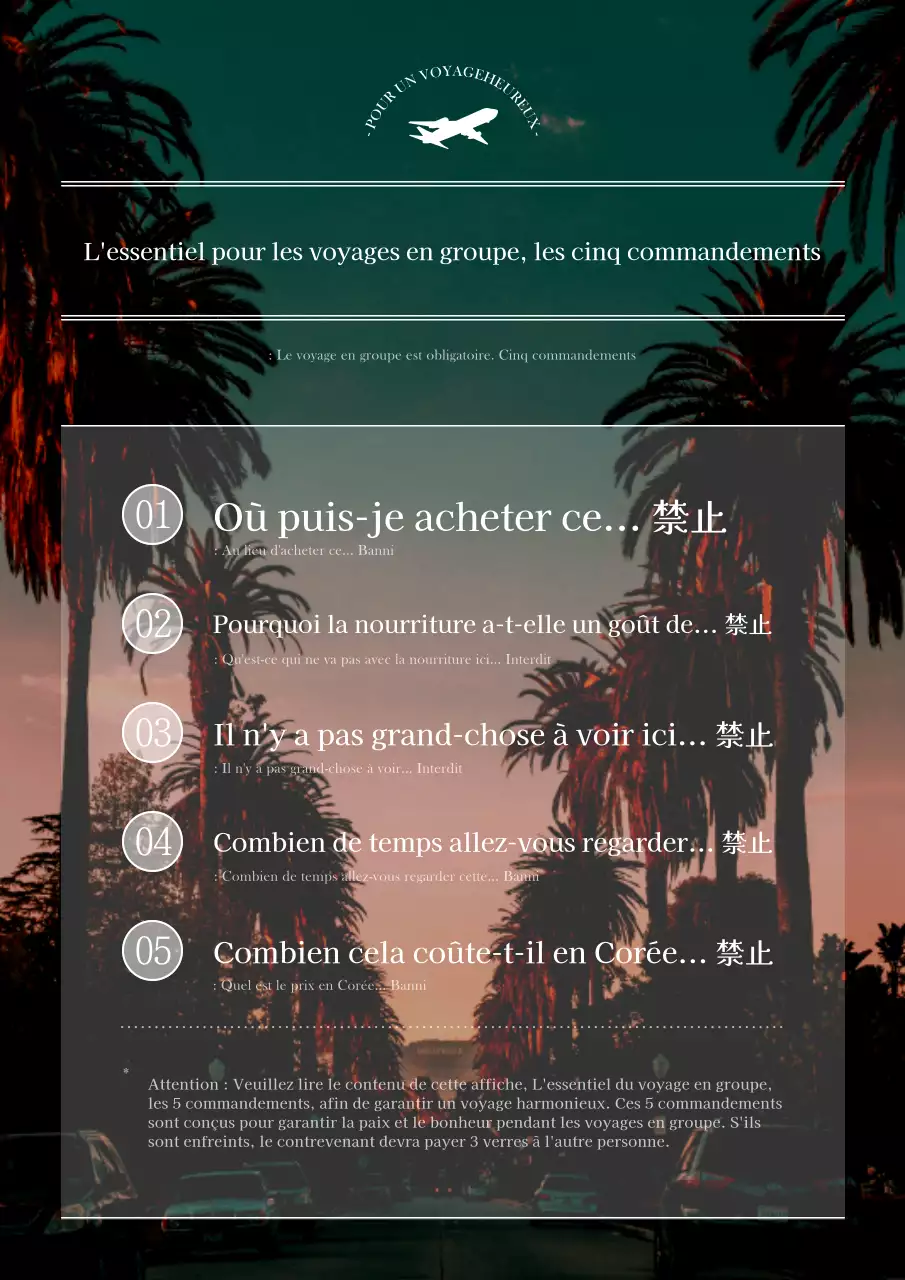 Guide des cinq commandements du voyage de groupe classique en vert et blanc
