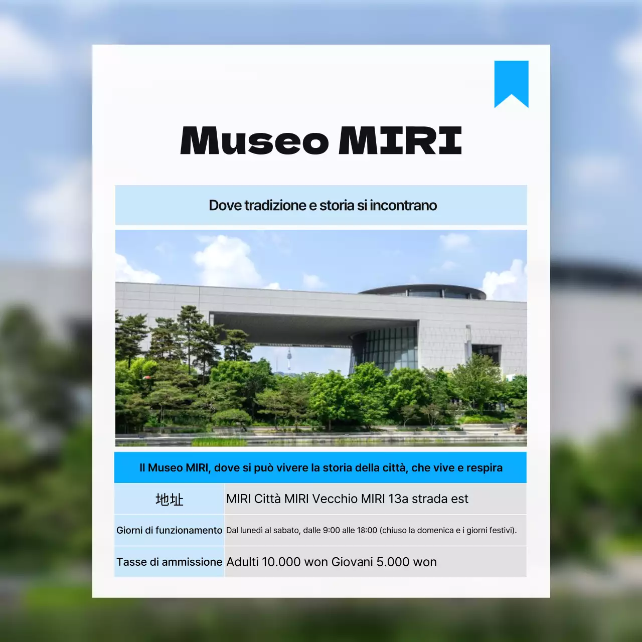 Promuovere le attrazioni vicine con una semplice combinazione di colori bianco e azzurro.