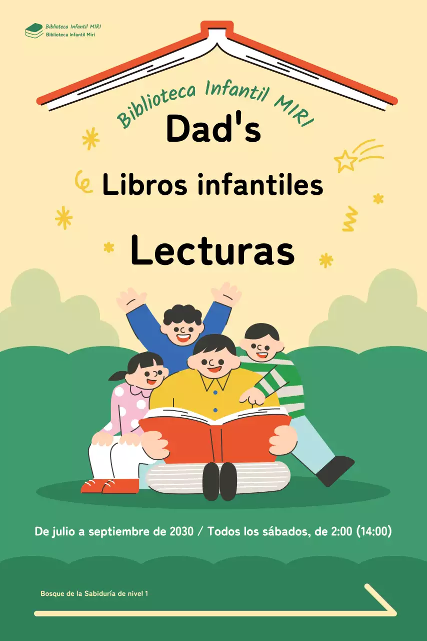 Banner con una alegre ilustración de un padre leyendo un libro a un niño