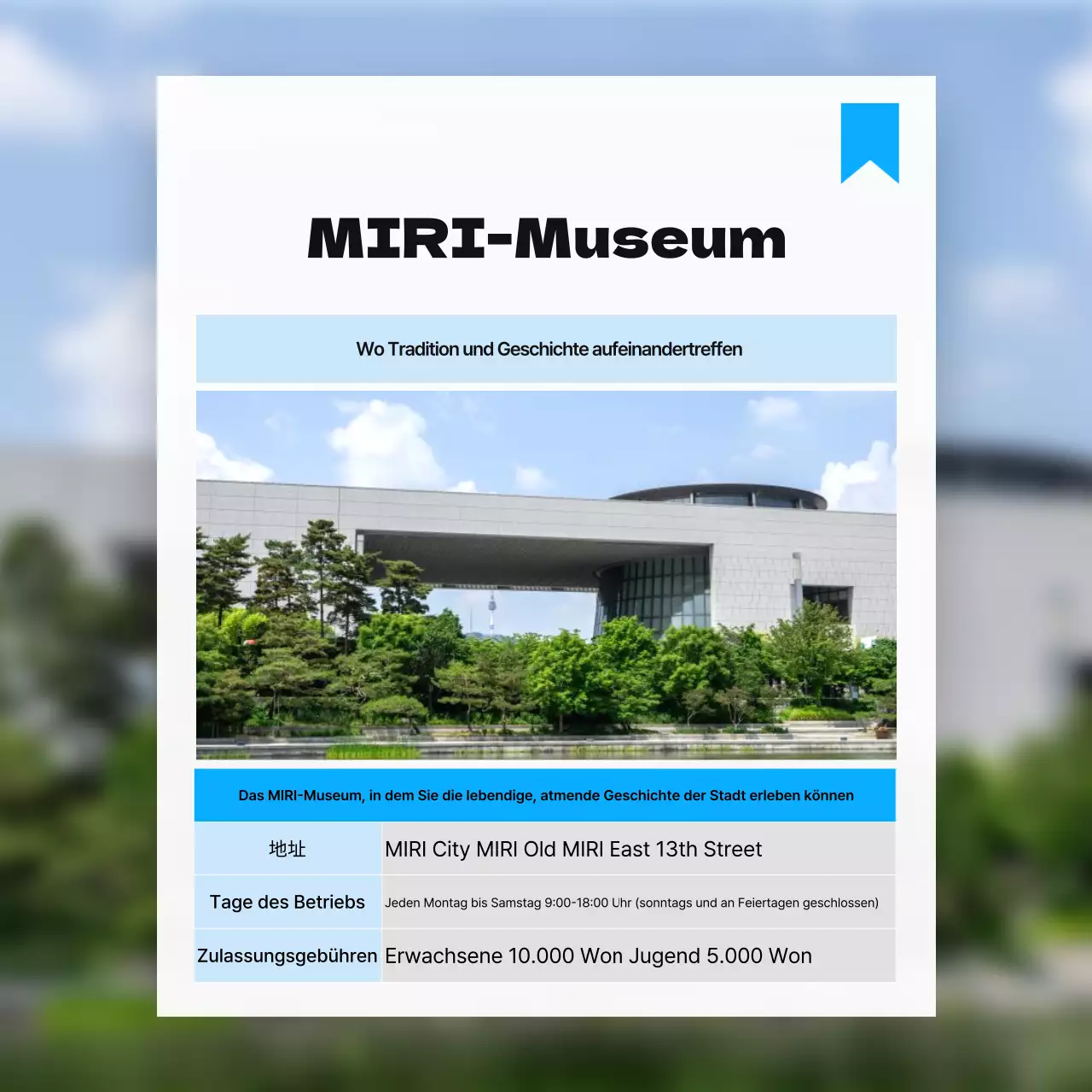 Bewerben Sie nahe gelegene Attraktionen in einem einfachen Farbschema aus Weiß und Hellblau