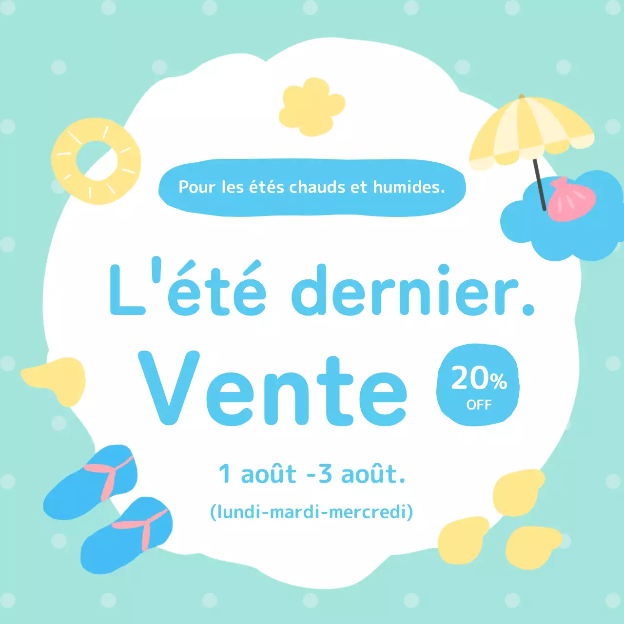 Annonce d'une belle remise estivale dans les tons bleu clair et menthe.