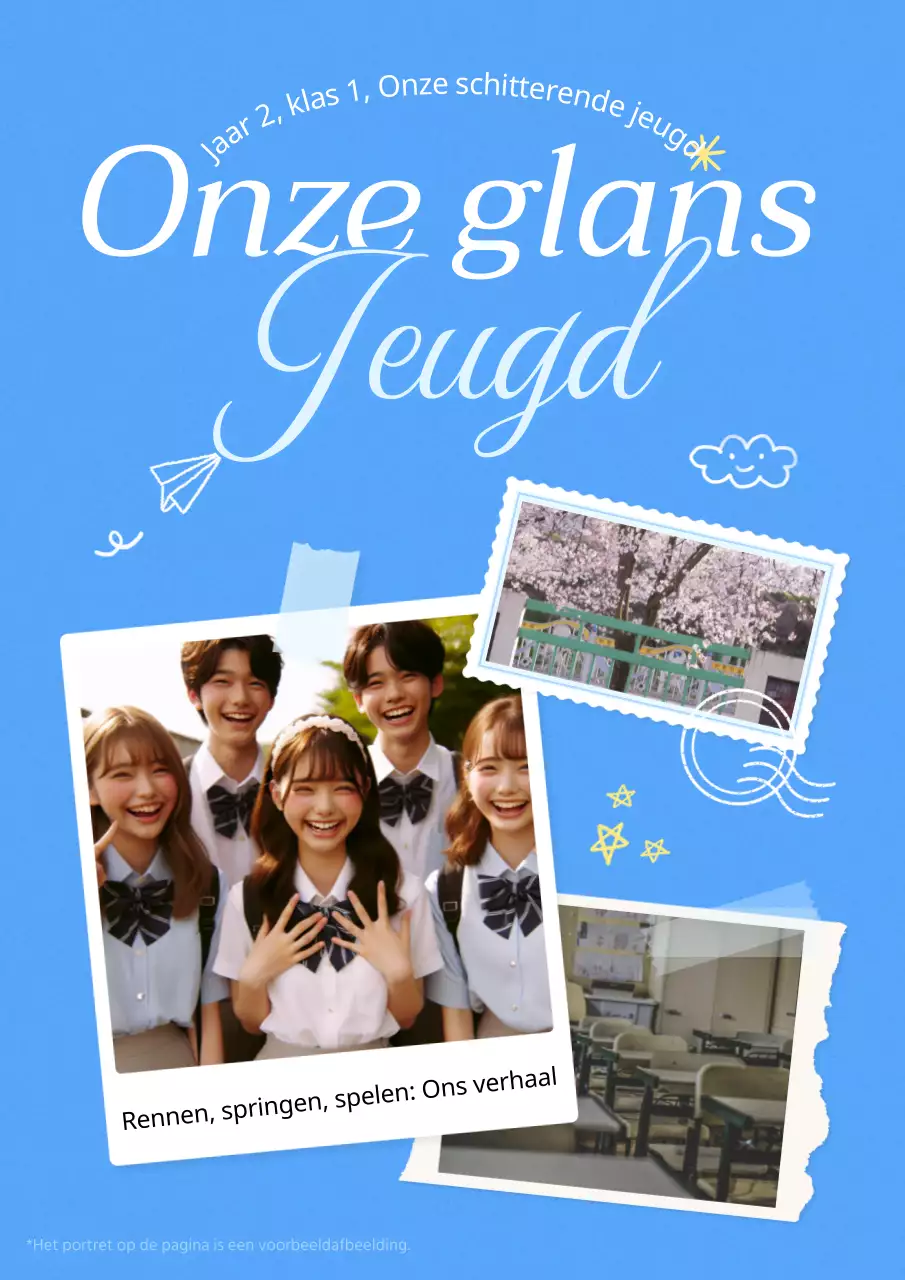 Lichtblauw en wit fotoboek met klassenfoto