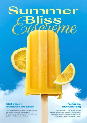 Werbung für eine trendige gelb-blaue Speisekarte für Eisdielen