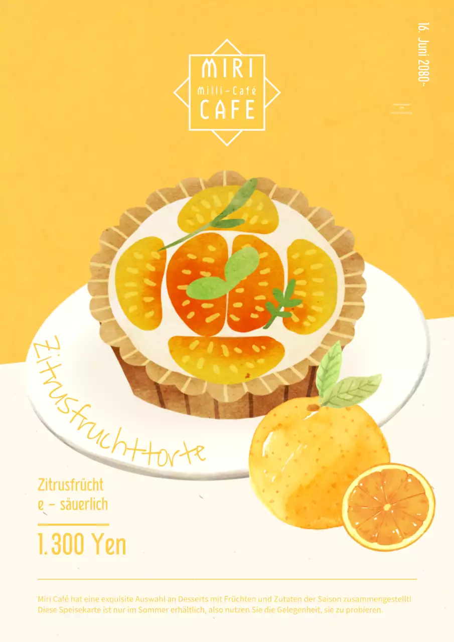 Werbung für ein schönes gelb-weißes Sommerdessertmenü.