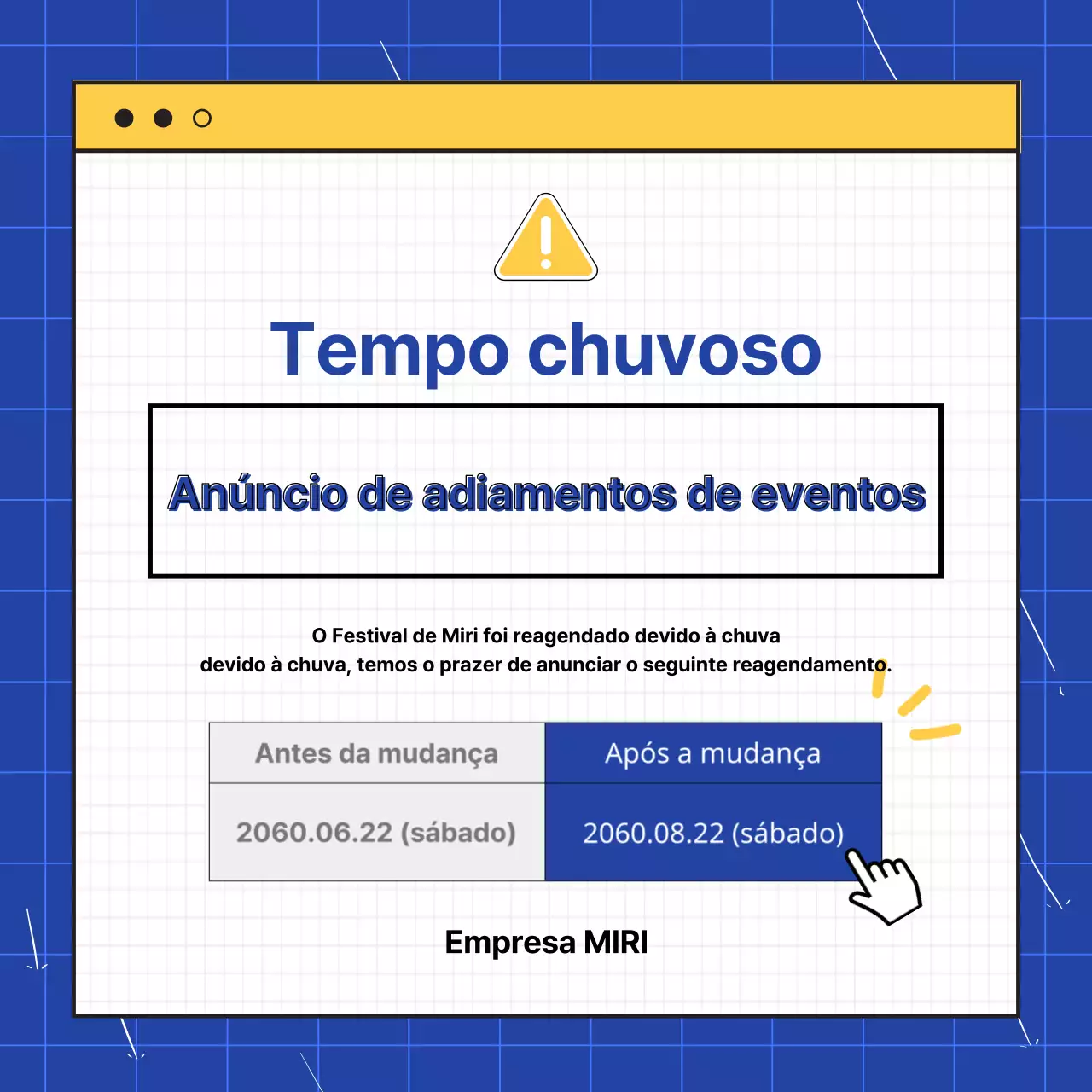 Um simples anúncio azul e amarelo de adiamento de um evento