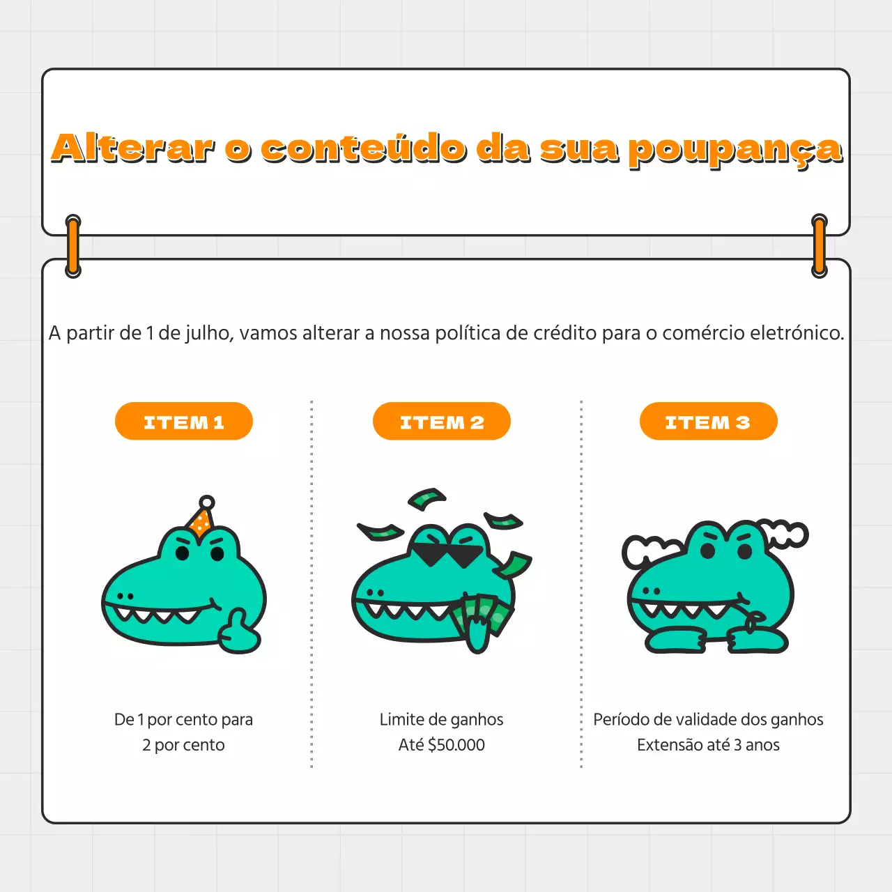 Anúncios de mudança de política em tons de laranja e verde