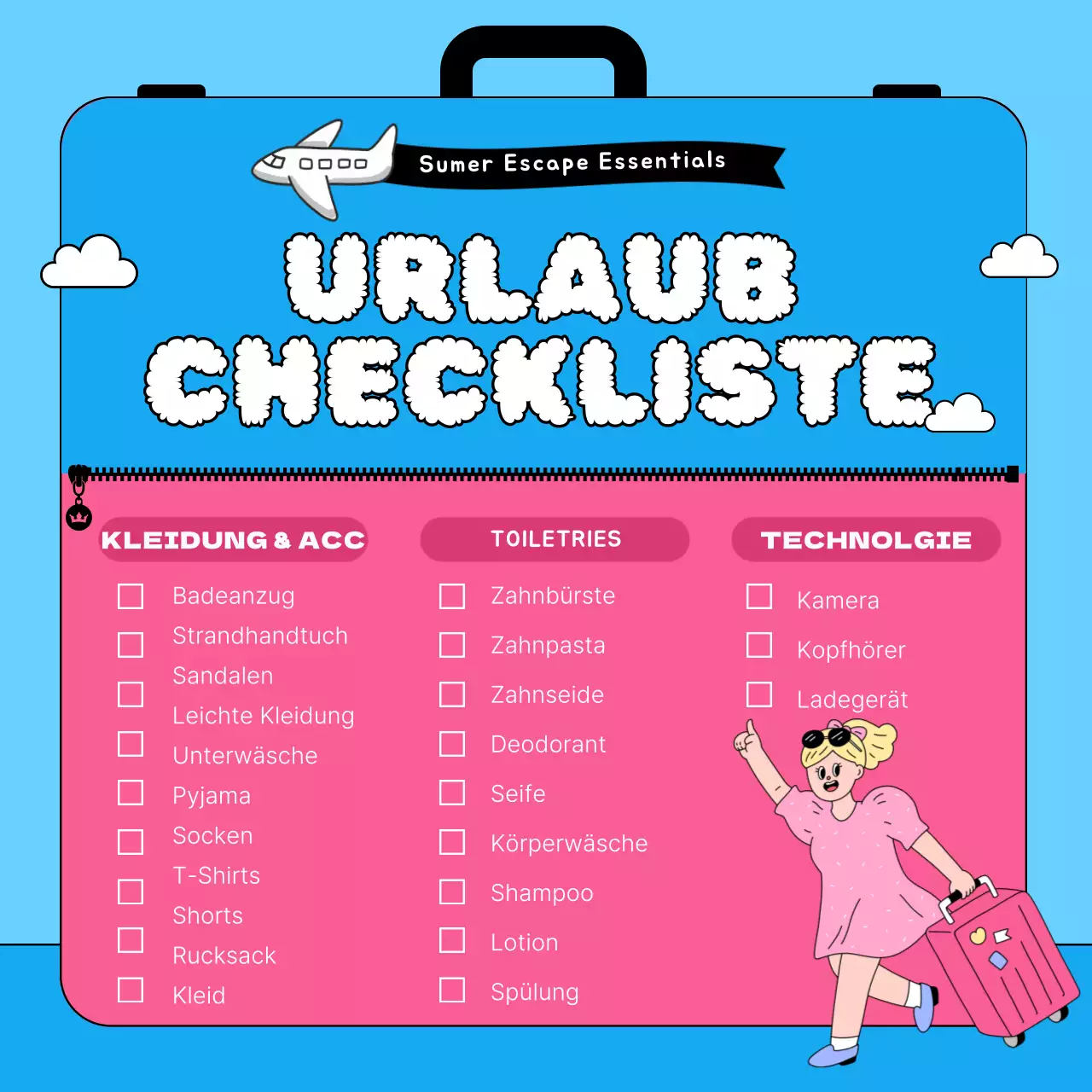 Eine Einführung in eine Pop-Art-Checkliste für den Sommer in Hellblau und Hot Pink