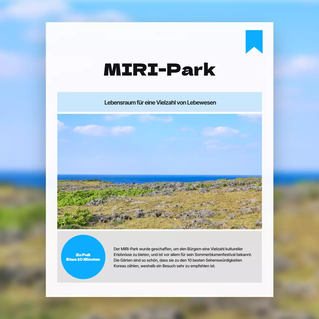 Bewerben Sie nahe gelegene Attraktionen in einem einfachen Farbschema aus Weiß und Hellblau