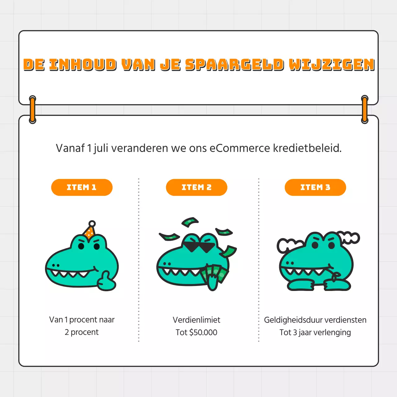 Kitscherige oranje en groene aankondigingen van beleidswijzigingen