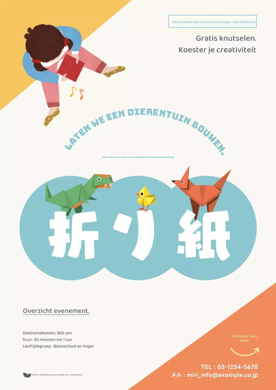 Publiciteit voor een mooie gele en lichtblauwe zomerworkshop voor kinderen.