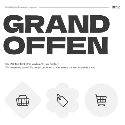 Eine einfache Ankündigung der Eröffnung eines Einkaufszentrums in schwarz-weiß