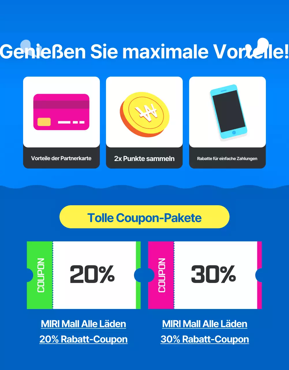 Werbung für den Sommerschlussverkauf in einem Einkaufszentrum im tropischen Stil in Blau und Gelb