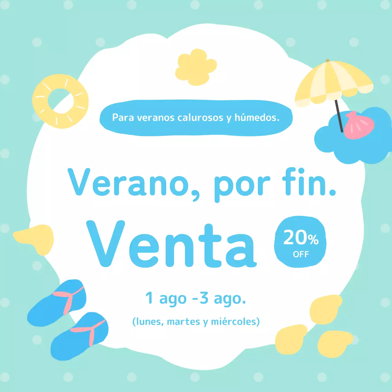 Anuncio de un bonito descuento veraniego en colores azul claro y menta.