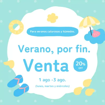 Anuncio de un bonito descuento veraniego en colores azul claro y menta.