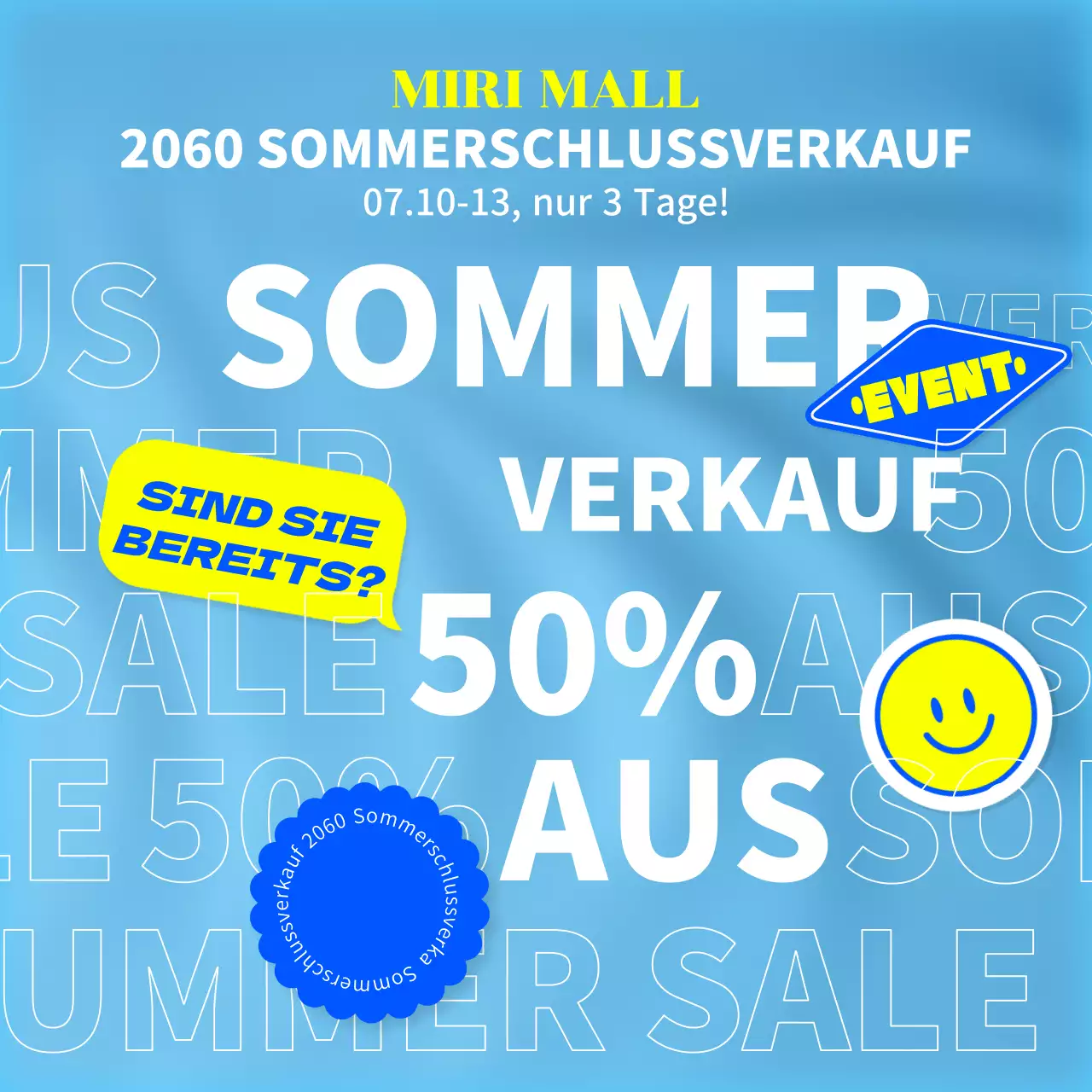 Werbung für einen kitschigen Verkauf in Hellblau und Weiß