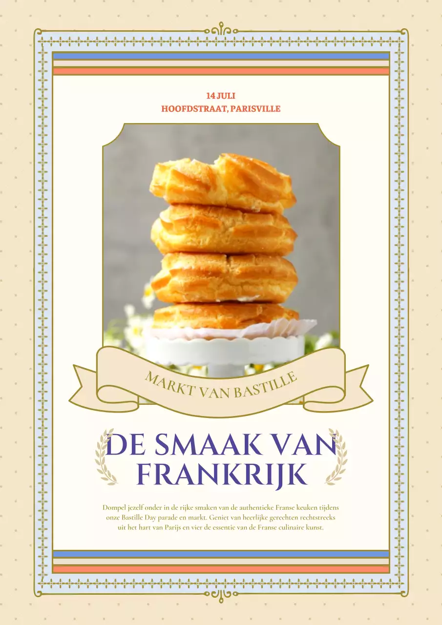 Een reclame voor een luxe Franse levensmiddelenmarkt in beige en rood.