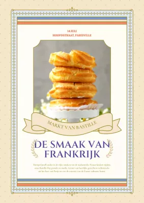 Een reclame voor een luxe Franse levensmiddelenmarkt in beige en rood.