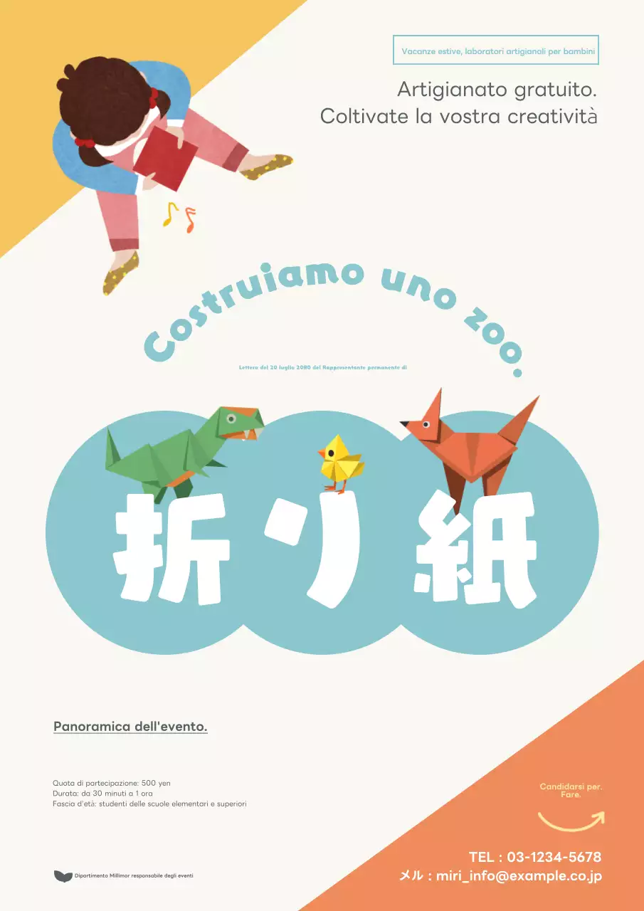 Pubblicità per un laboratorio estivo di artigianato per bambini di colore giallo e azzurro.