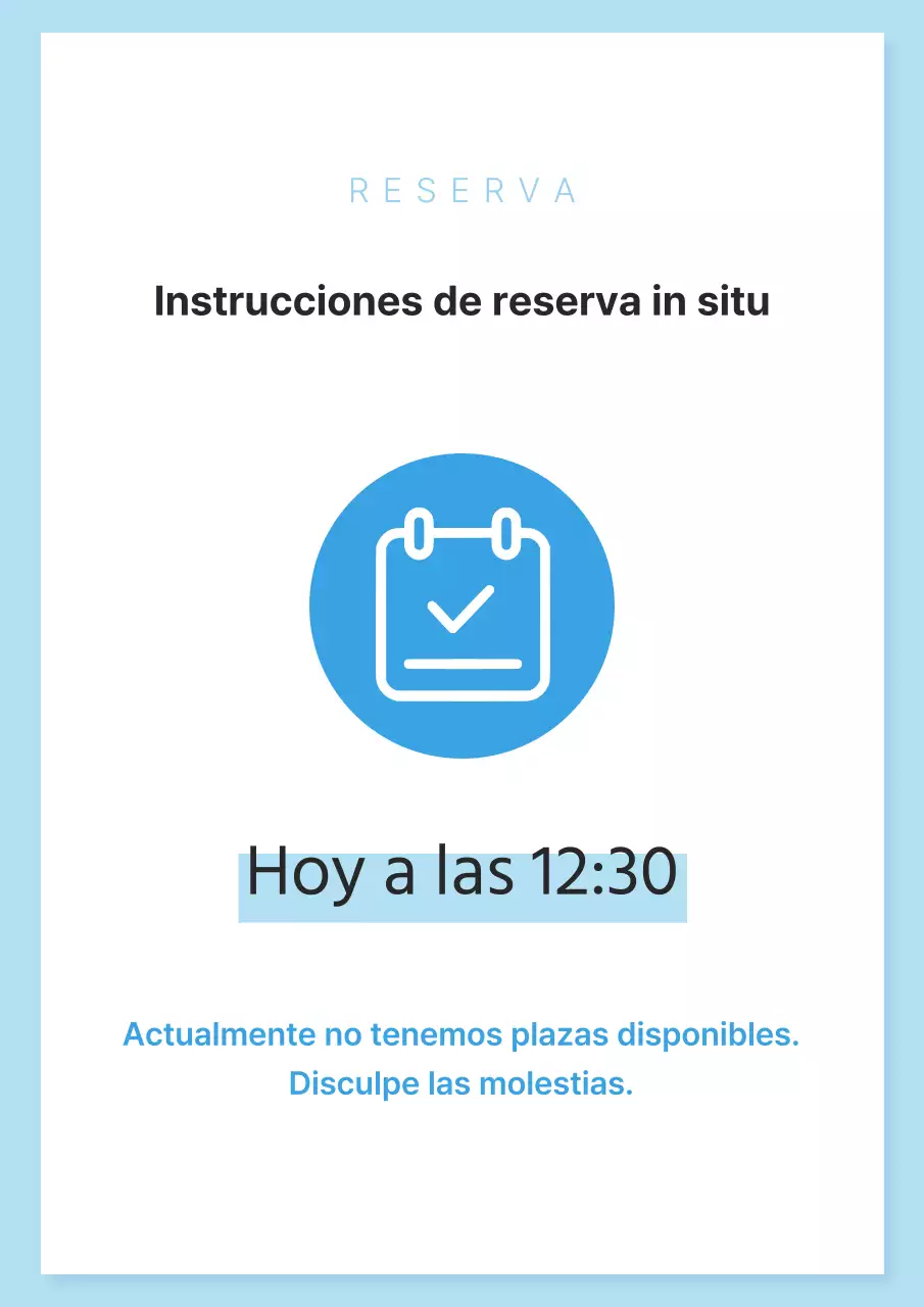 Un sencillo anuncio de reserva en blanco y azul claro
