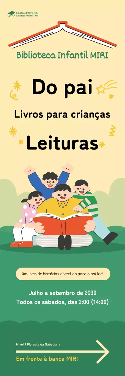Faixa com uma ilustração alegre de um pai a ler um livro a uma criança