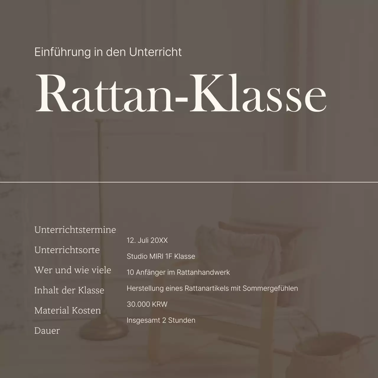 Ankündigung eines luxuriösen eintägigen Kurses in Elfenbein und Braun