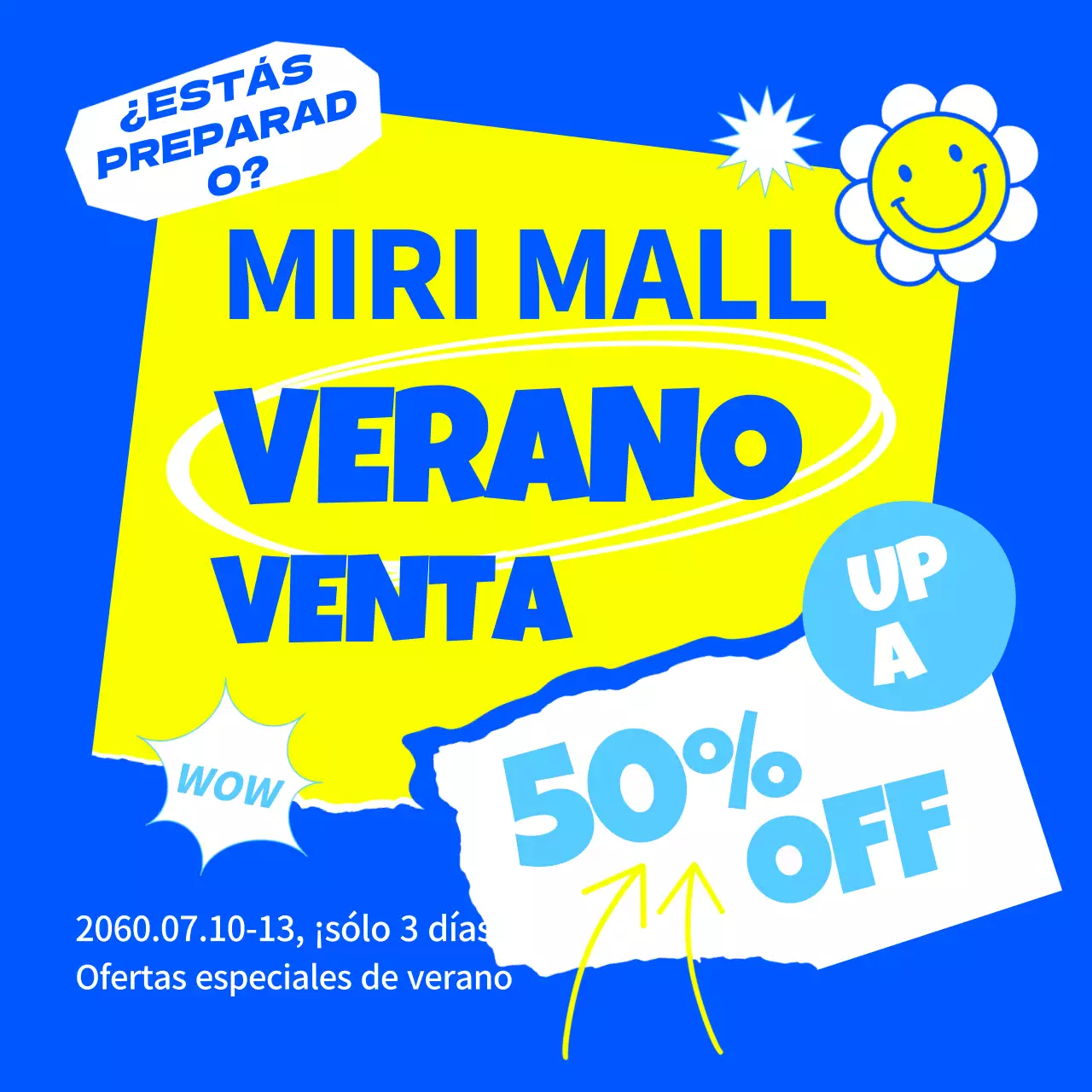 Promueva una venta kitsch en amarillo y azul