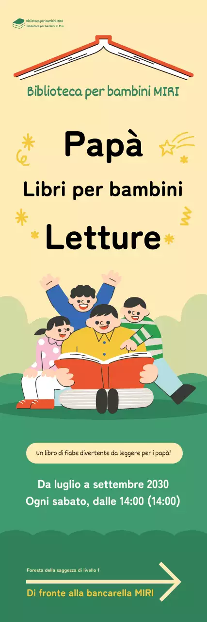 Banner con un'allegra illustrazione di un papà che legge un libro a un bambino