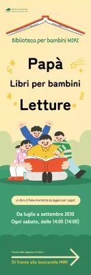 Banner con un'allegra illustrazione di un papà che legge un libro a un bambino