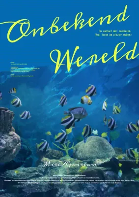 Publiciteit voor de moderne blauw-gele aquariumtentoonstelling.