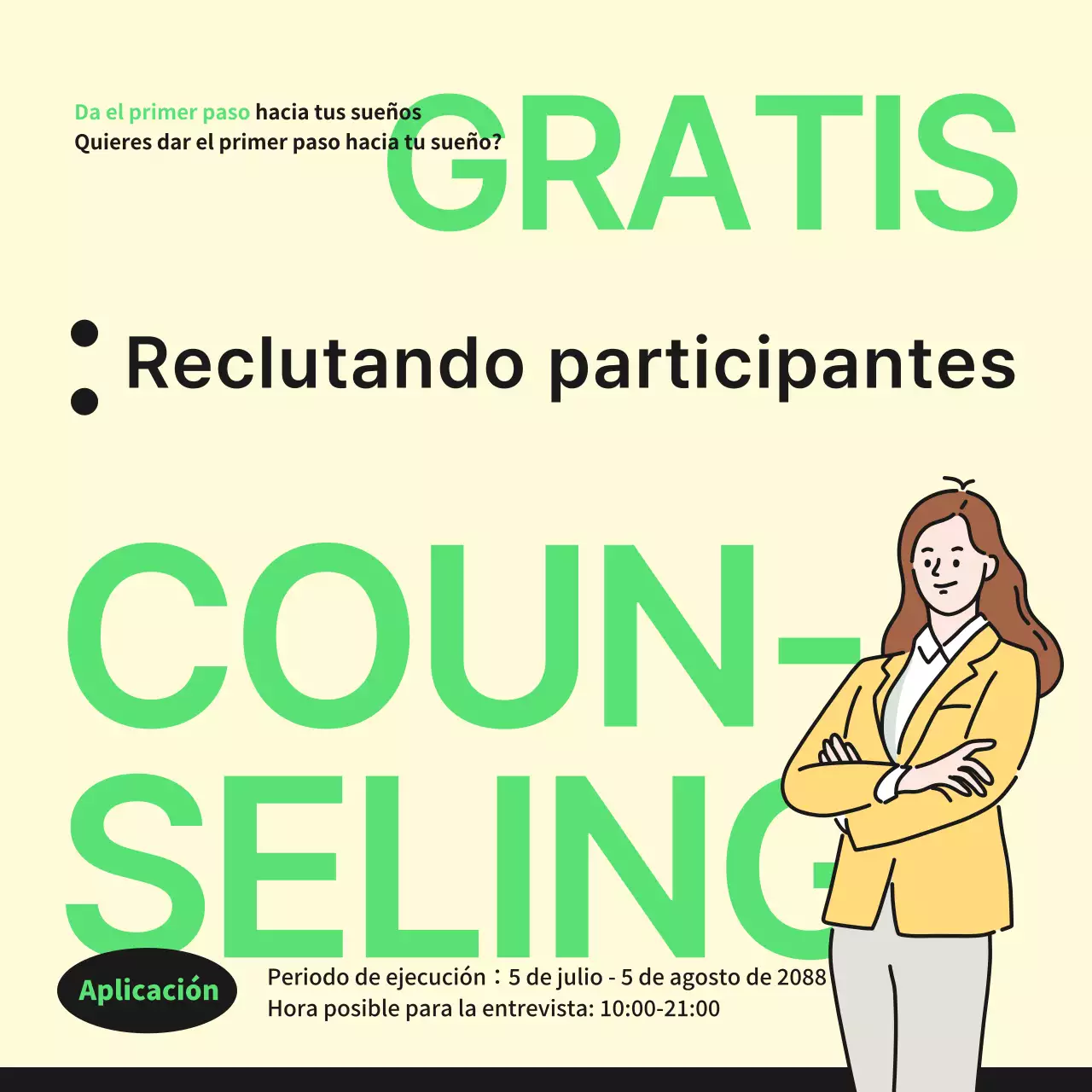 Promover sesiones gratuitas de asesoramiento profesional con colores sencillos marfil y amarillo verdoso.