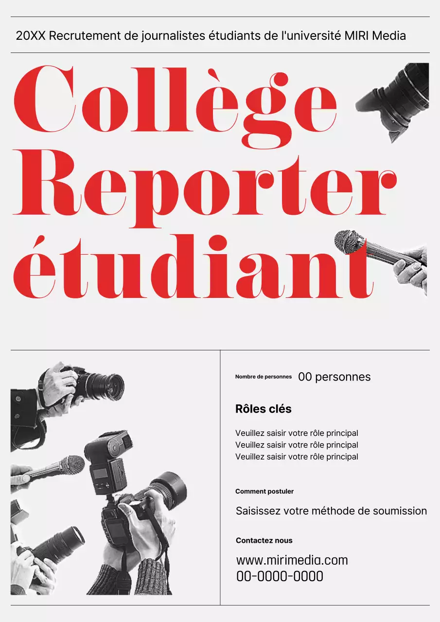 Une équipe de journalisme universitaire rétro gris et rouge recherche un nouveau reporter