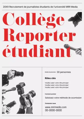 Une équipe de journalisme universitaire rétro gris et rouge recherche un nouveau reporter