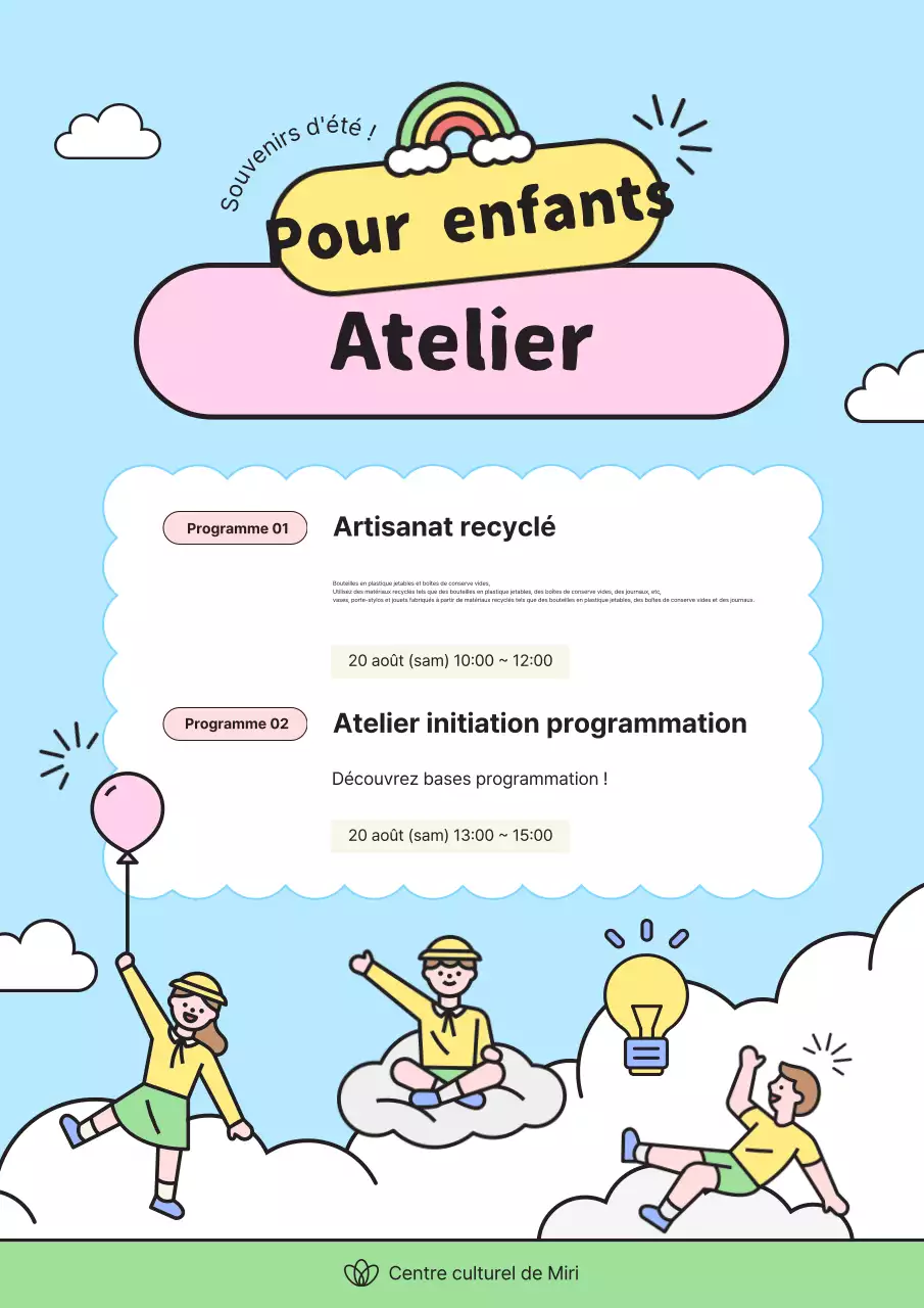 Publicité pour un atelier de vacances d'été bleu clair et jaune.