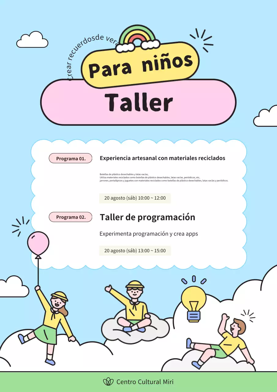 Publicidad para un precioso taller de vacaciones de verano en azul claro y amarillo.
