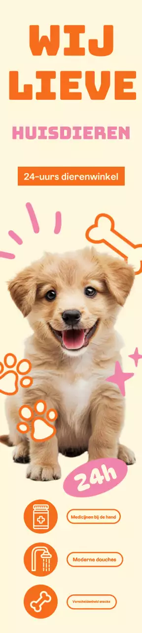 Een 24-uurs dierenwinkel met schattige puppy's