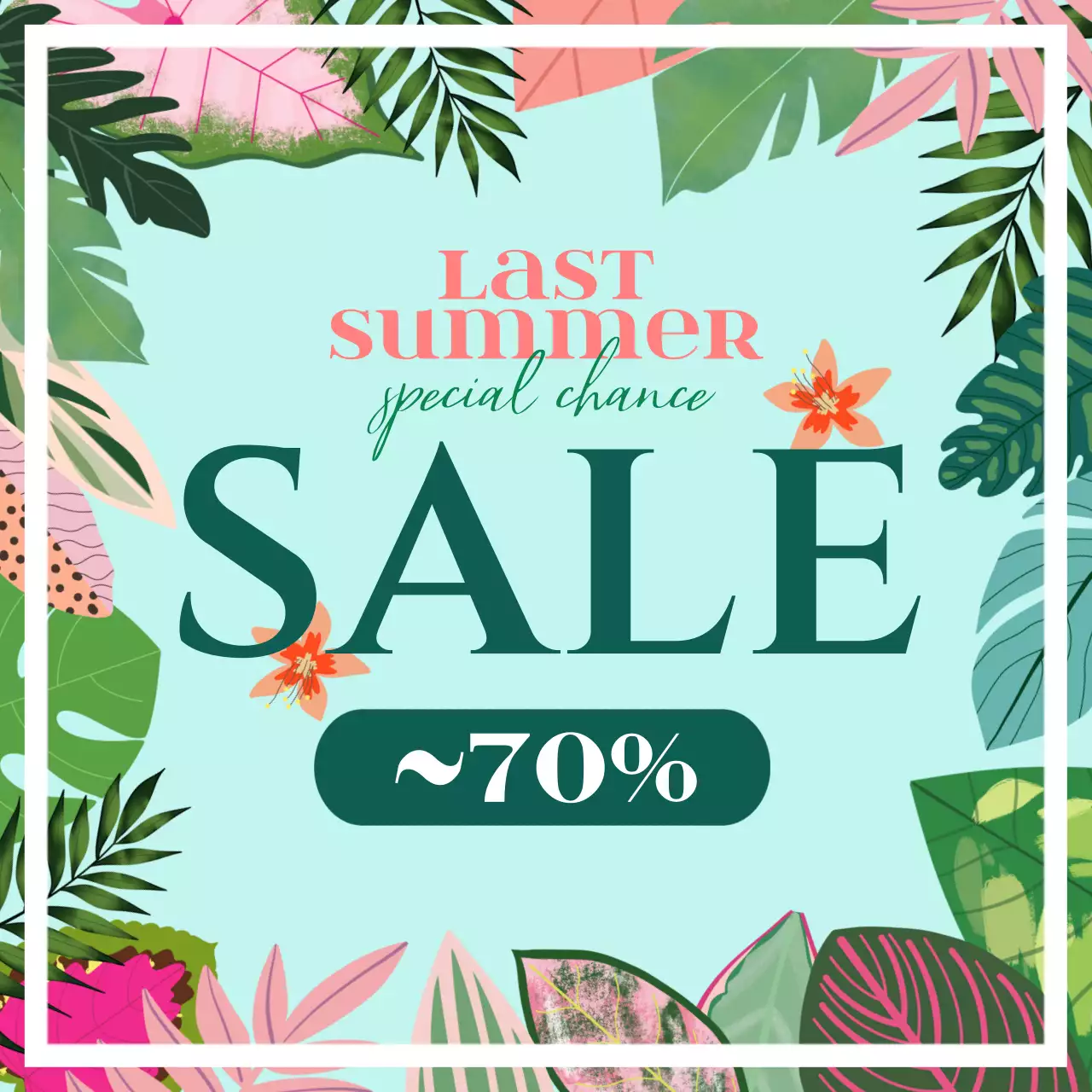 민트색의 열대 잎사귀가 가득한 여름 세일 안내
