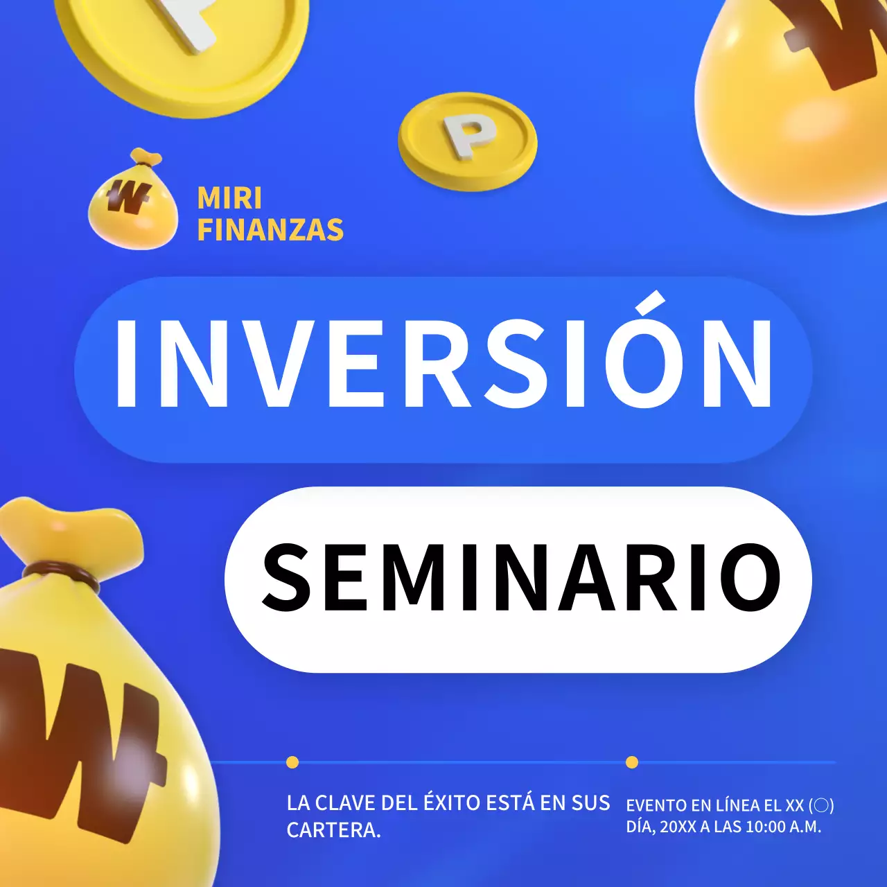Publicidad para los seminarios de inversión de moda en azul y amarillo.
