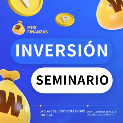 Publicidad para los seminarios de inversión de moda en azul y amarillo.