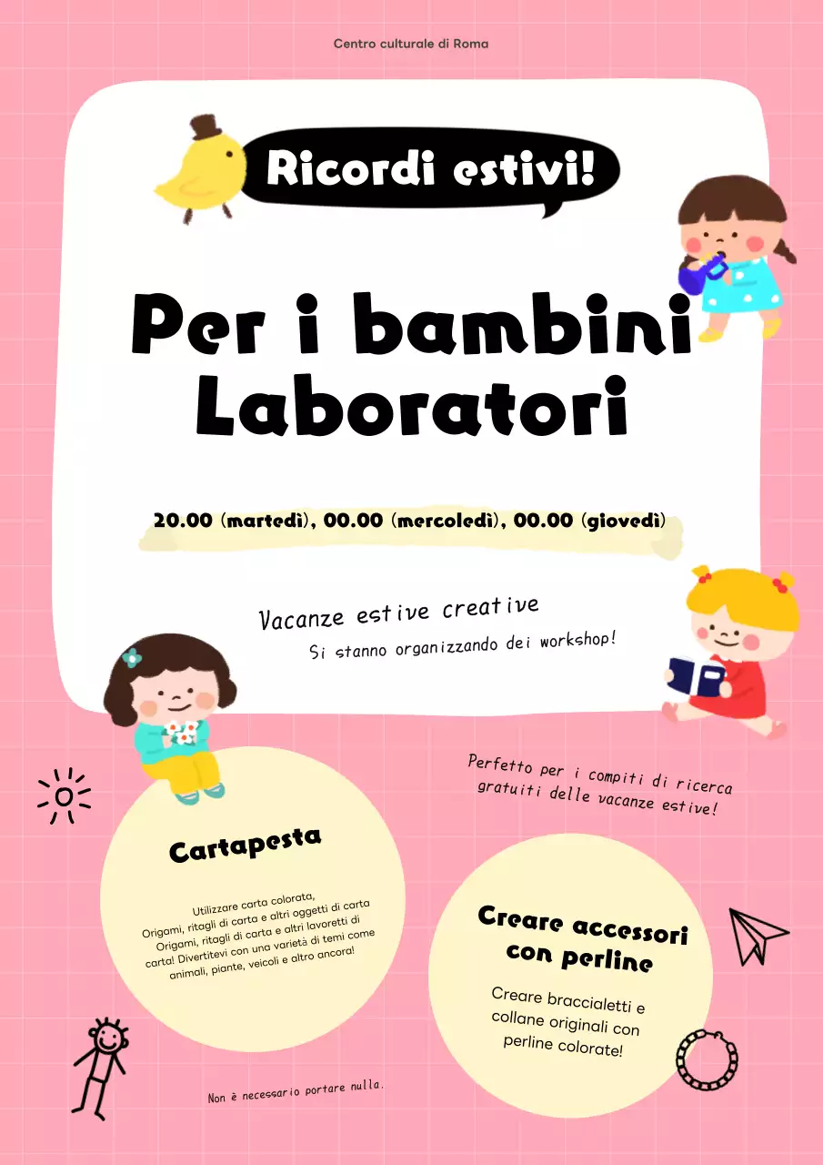 Carino il laboratorio di vacanze estive per bambini rosa e giallo Flyer